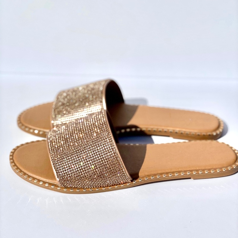 Rose Gold Rhinestone Flat Sandals - Picture 4 of 7